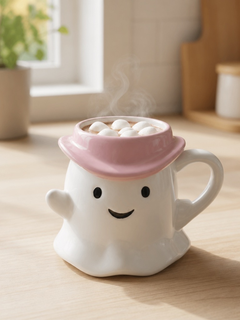 Cute Ghost Ceramic Mug with Pink Hat — Charming Coffee & Cocoa Cup